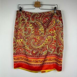 Vince Camuto Orange And Yellow Paisley Scarf Print Skirt, Size 10